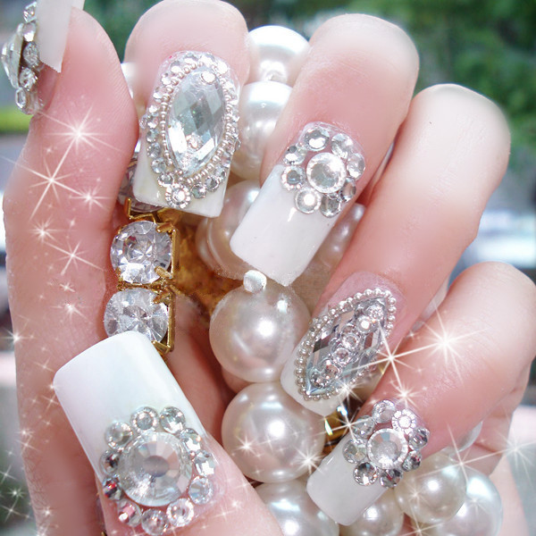 Ojeli Tırnak Modelleri - Freeshipping 10Pieces Set Handmade Custom Sparkling Diamond White French Bride Art False Nails