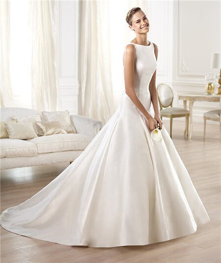 Modest-Simple-A-Line-Bateau-Neckline-Satin-Wedding-Dress-With-Buttons