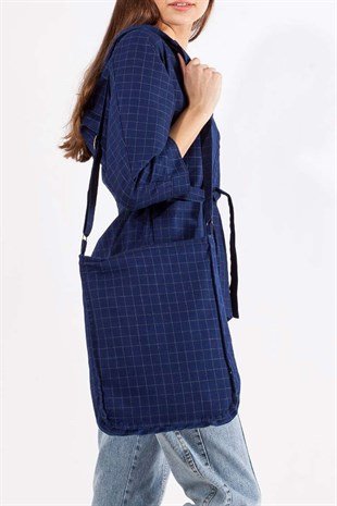 Yazın Yeni Trendi Modaya Uygun Çantalar - Kumas Omuz Cantasi Gece Mavisi Kareli 68Fa