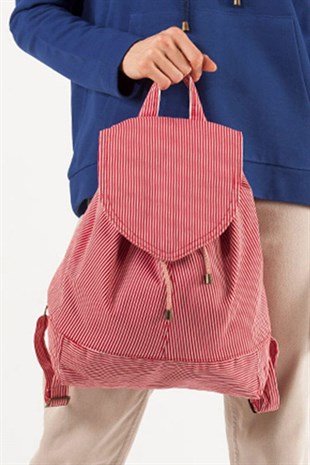 Yazın Yeni Trendi Modaya Uygun Çantalar - Kumas Sirt Cantasi Kirmizi Cizgili 39A1